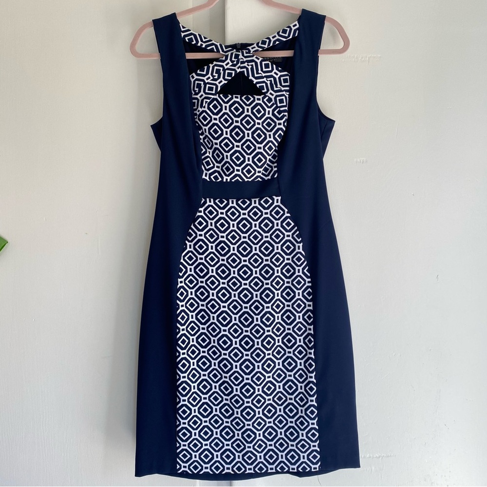 Connected Apparel Elegant Geometric Navy & White Midi Dress Workwear Business 8